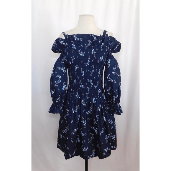 Revolve REBECCA TAYLOR Francine Off Shoulder Dress Floral Smocked Navy Blue 0 - Picture 3 of 16